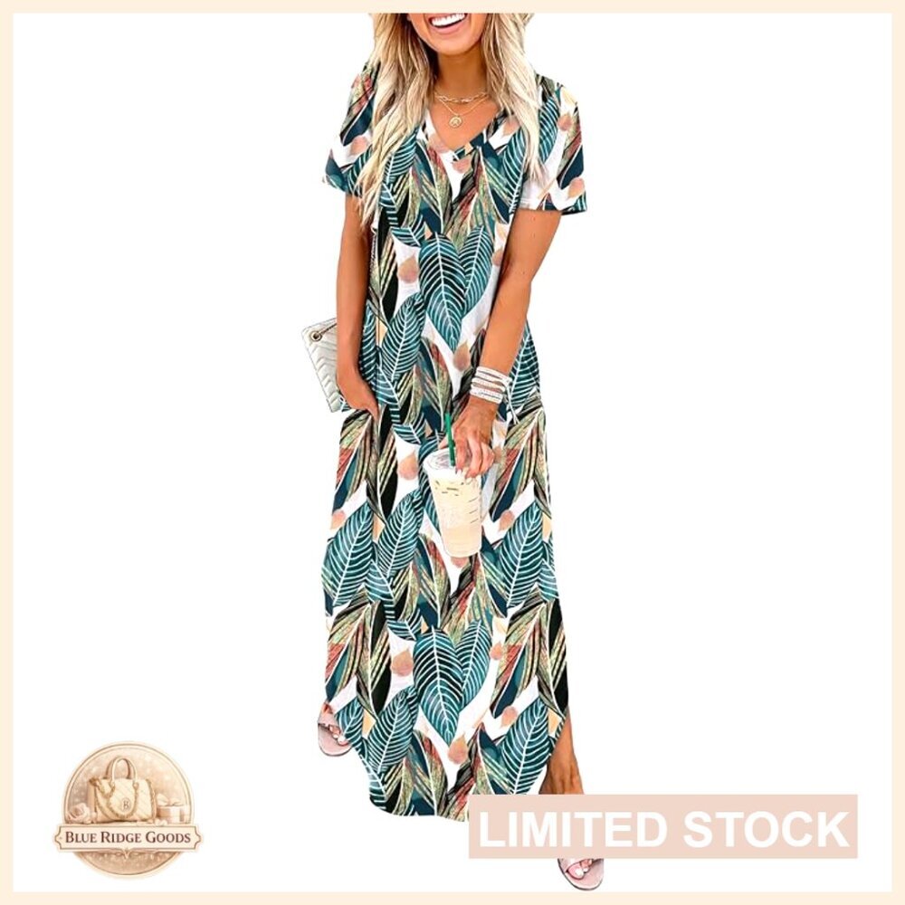 Floral Maxi Dress Summer Vacation Beach Sundress with Pockets Loose Fit